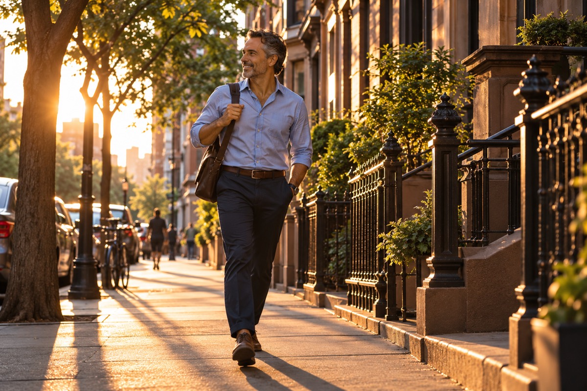 A man walking down a sunlit city street at golden hour.