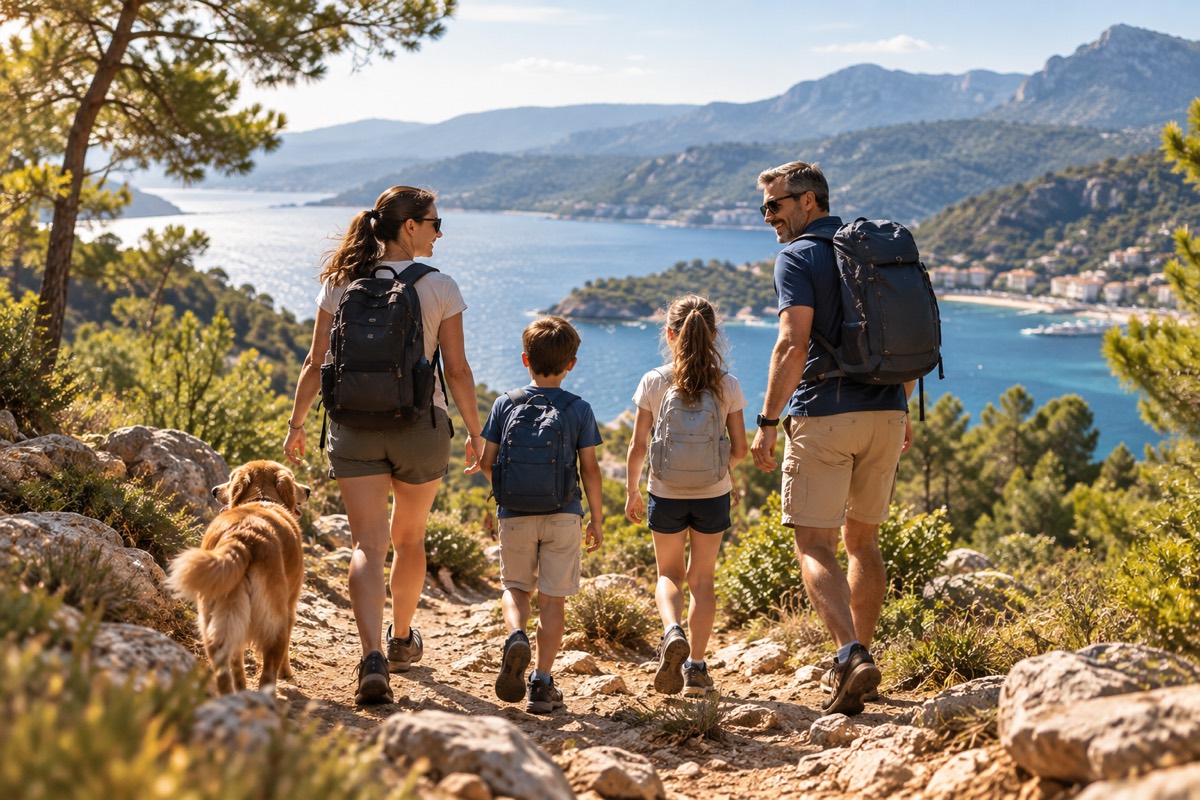 A family hiking a coastal trail with their dog on a sunny day.