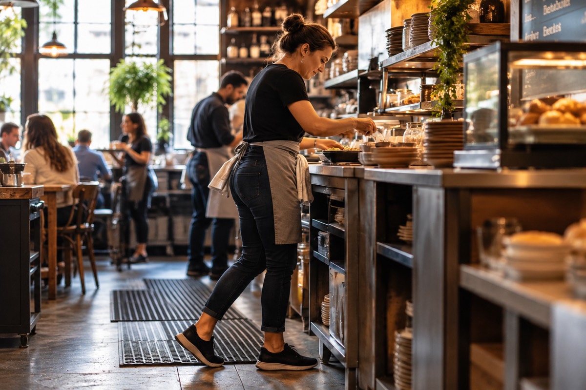 A server working behind a busy café counter.